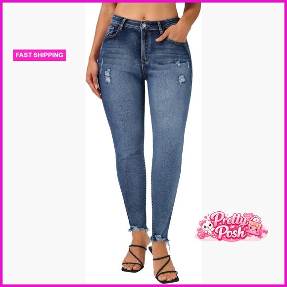 Skinny Jeans Mid Rise Ripped Stretchy Denim Pants Distressed